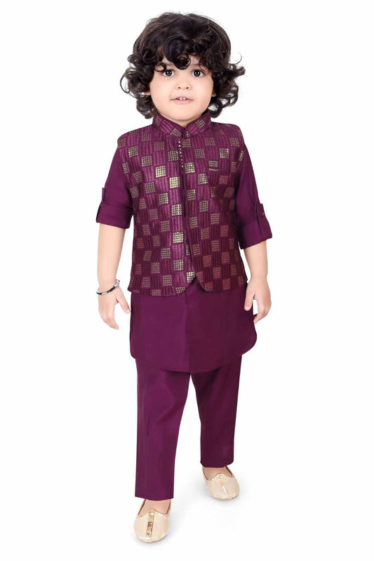 Wine Kurta Set With Sequins Embroidered Waistcoat For Boys