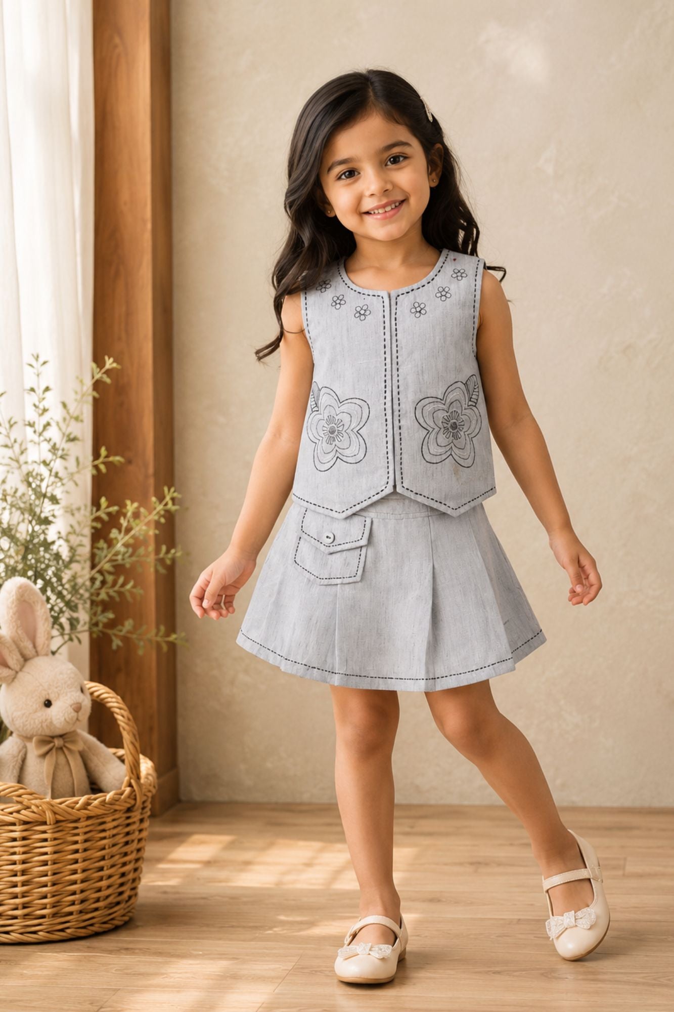 Grey Floral Embroidered Crop Top & Layered Skirt Co-Ord Set