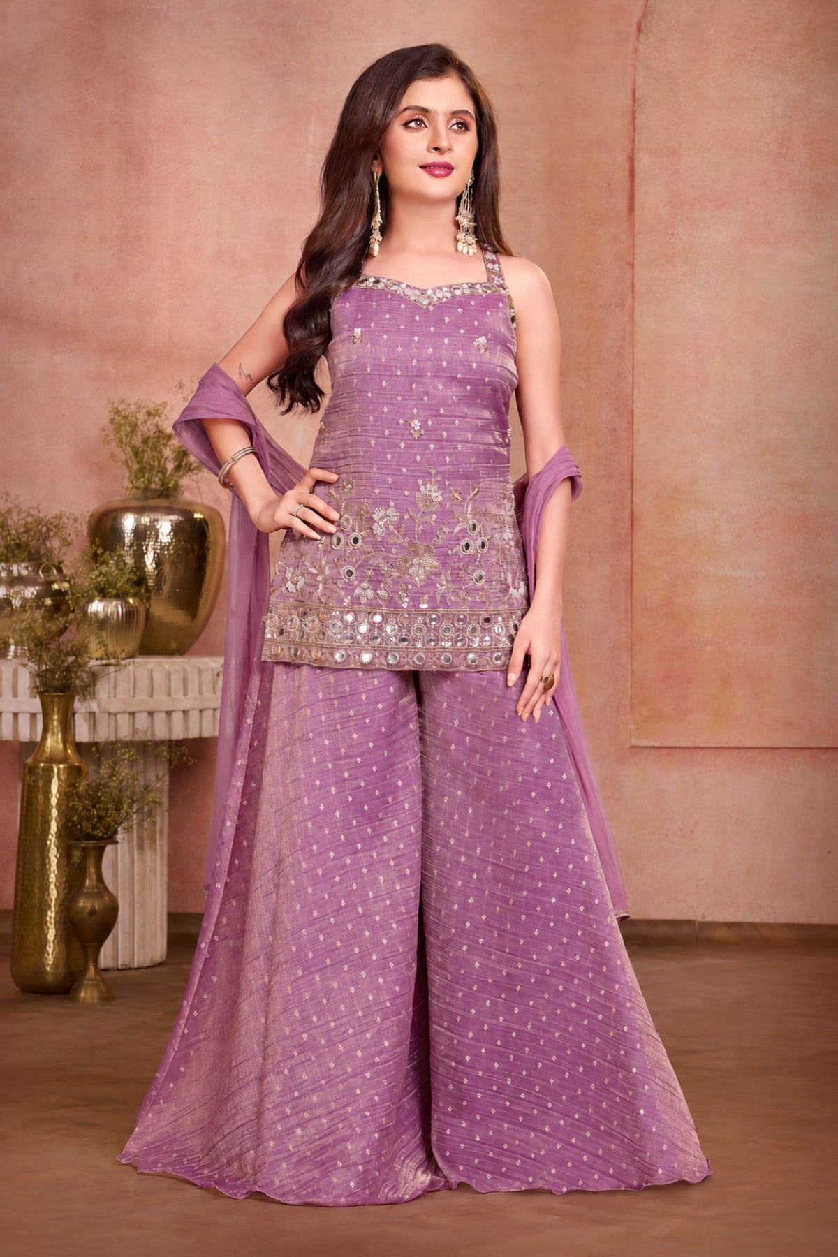 Girls Purple Mirror Embroidered Sleeveless Palazzo Set With Dupatta