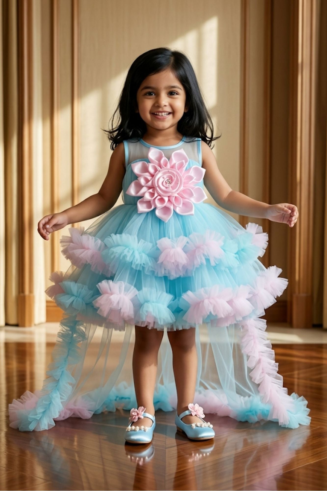Girls Pastel Blue And Pink High-Low Tulle Party Dress with Floral Applique