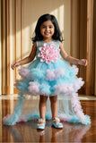 Girls Pastel Blue And Pink High-Low Tulle Party Dress with Floral Applique