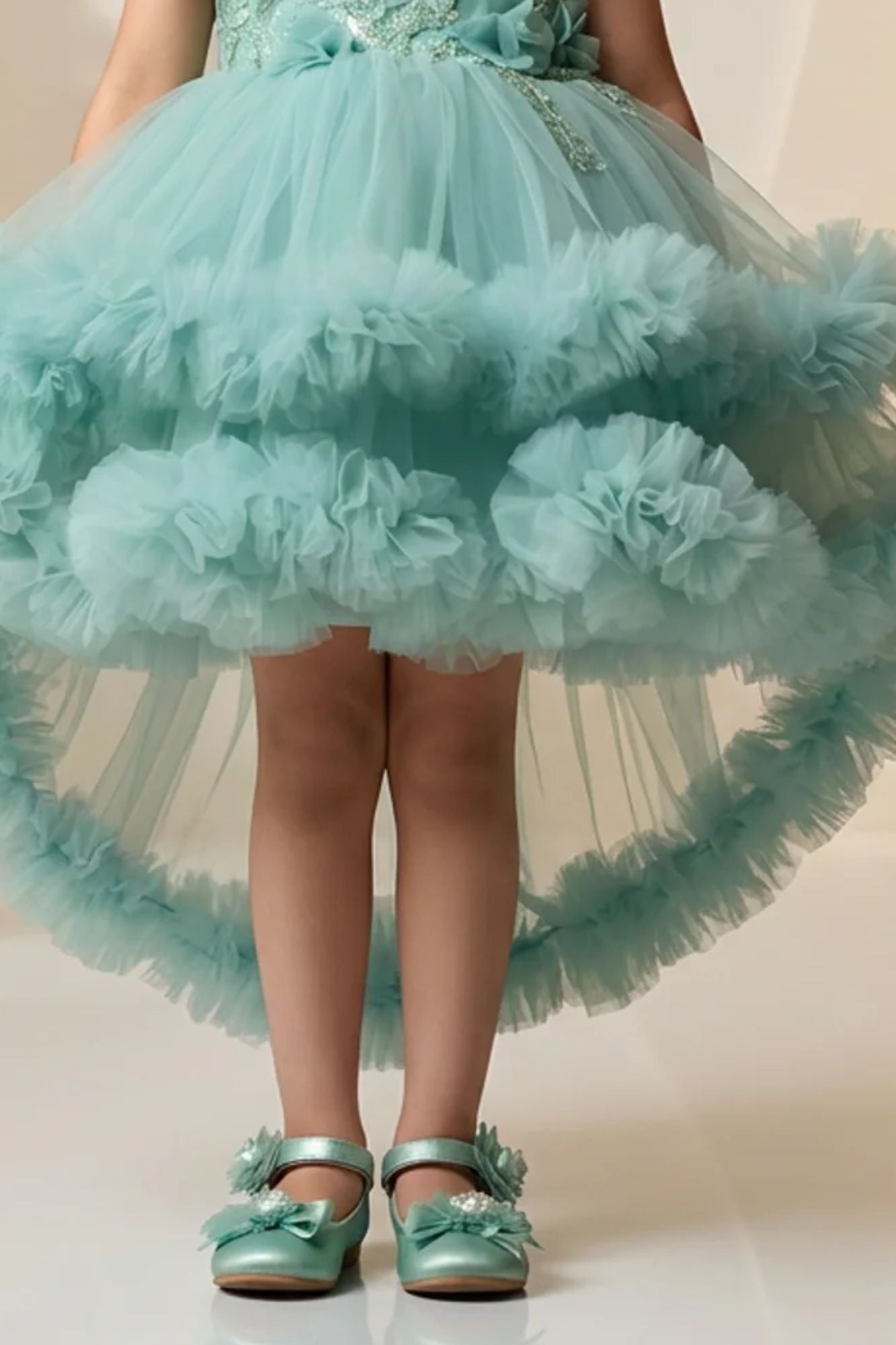 Girls Sea Green Party Frock with Floral Applique and Layered Tulle