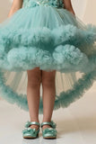 Girls Sea Green Party Frock with Floral Applique and Layered Tulle