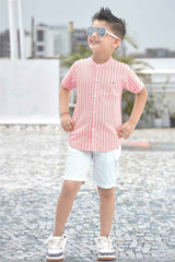 Peach Striped Shirt With White Shorts Set For Boys