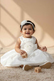 White Party Frock with Rosette Bow and Shimmer Layers For Girls