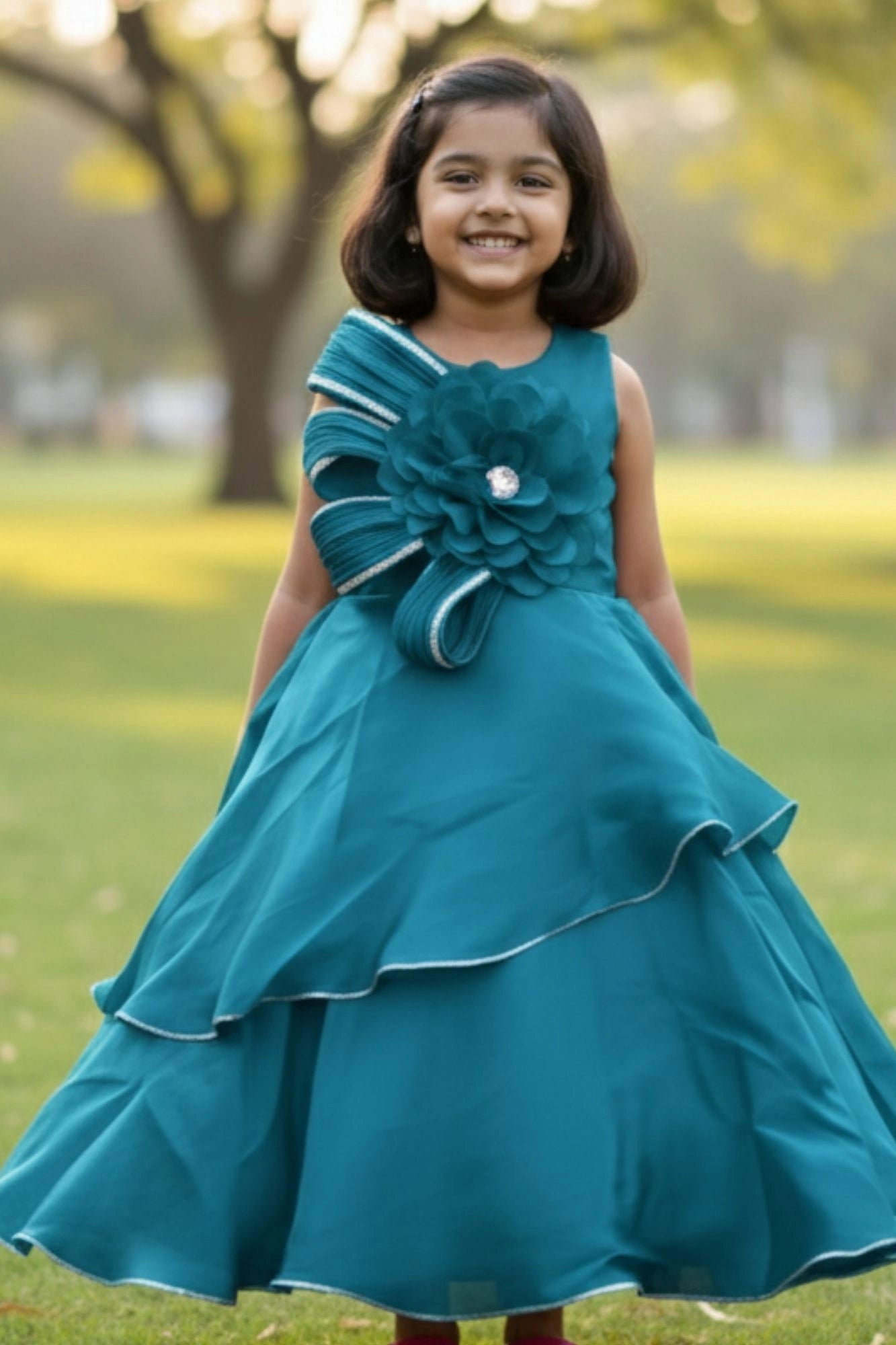 Blue Layered Party Gown with Oversized Floral Appliqué For Girls