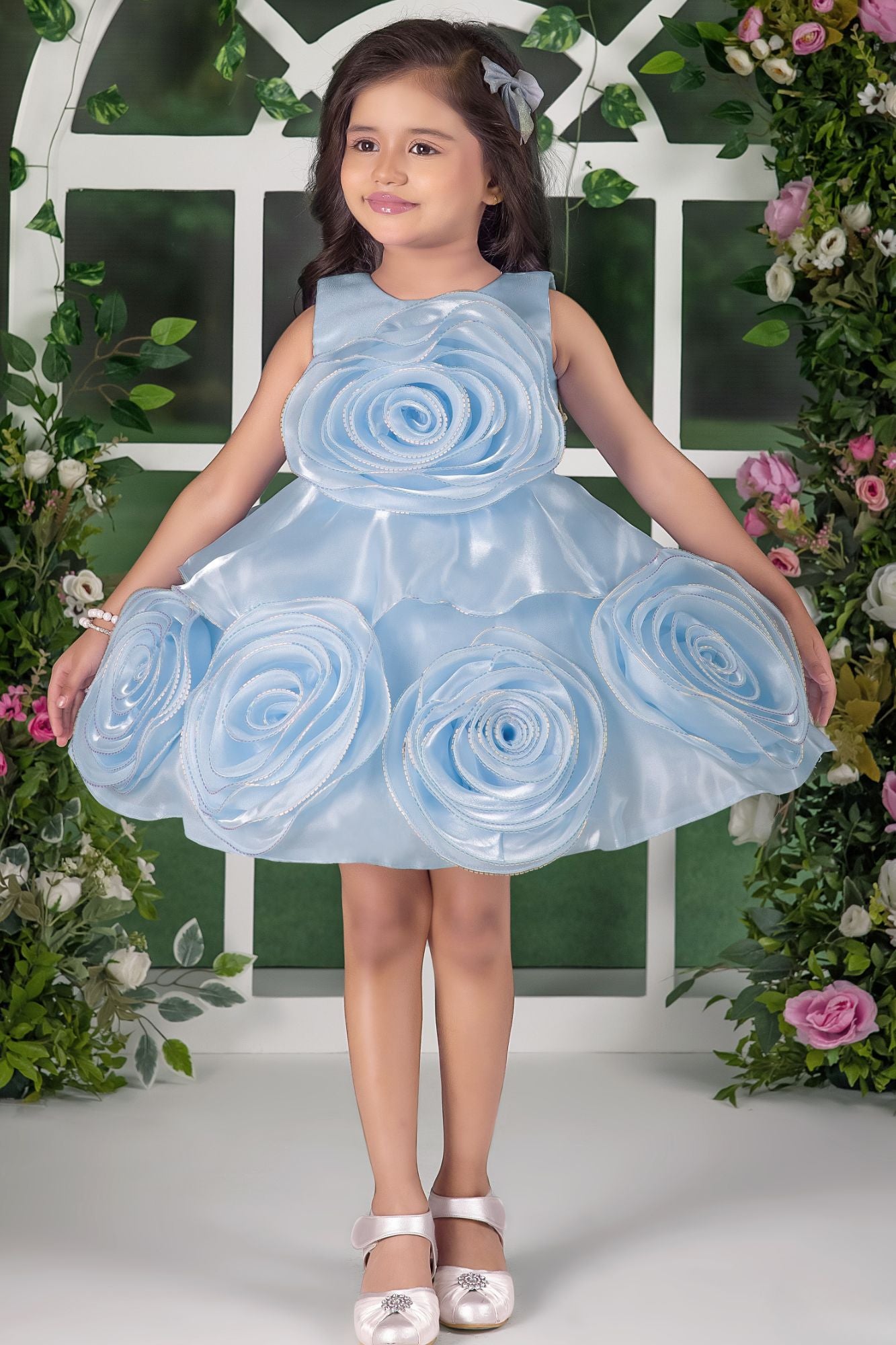 Blooming Princess Ice Blue Rosette Embellished Party Frock For Girls