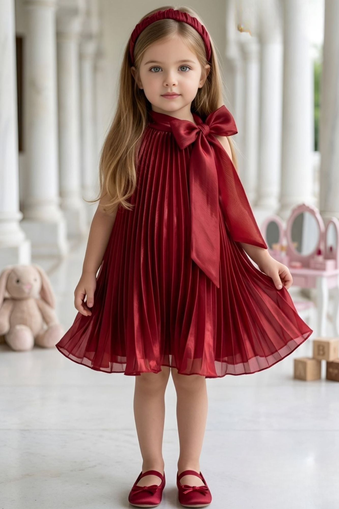 Maroon Pleated Party Wear Frock for Girls