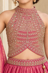 Girls Pink With Gold Sequin Embroidered Halter Neck Lehenga Choli Set