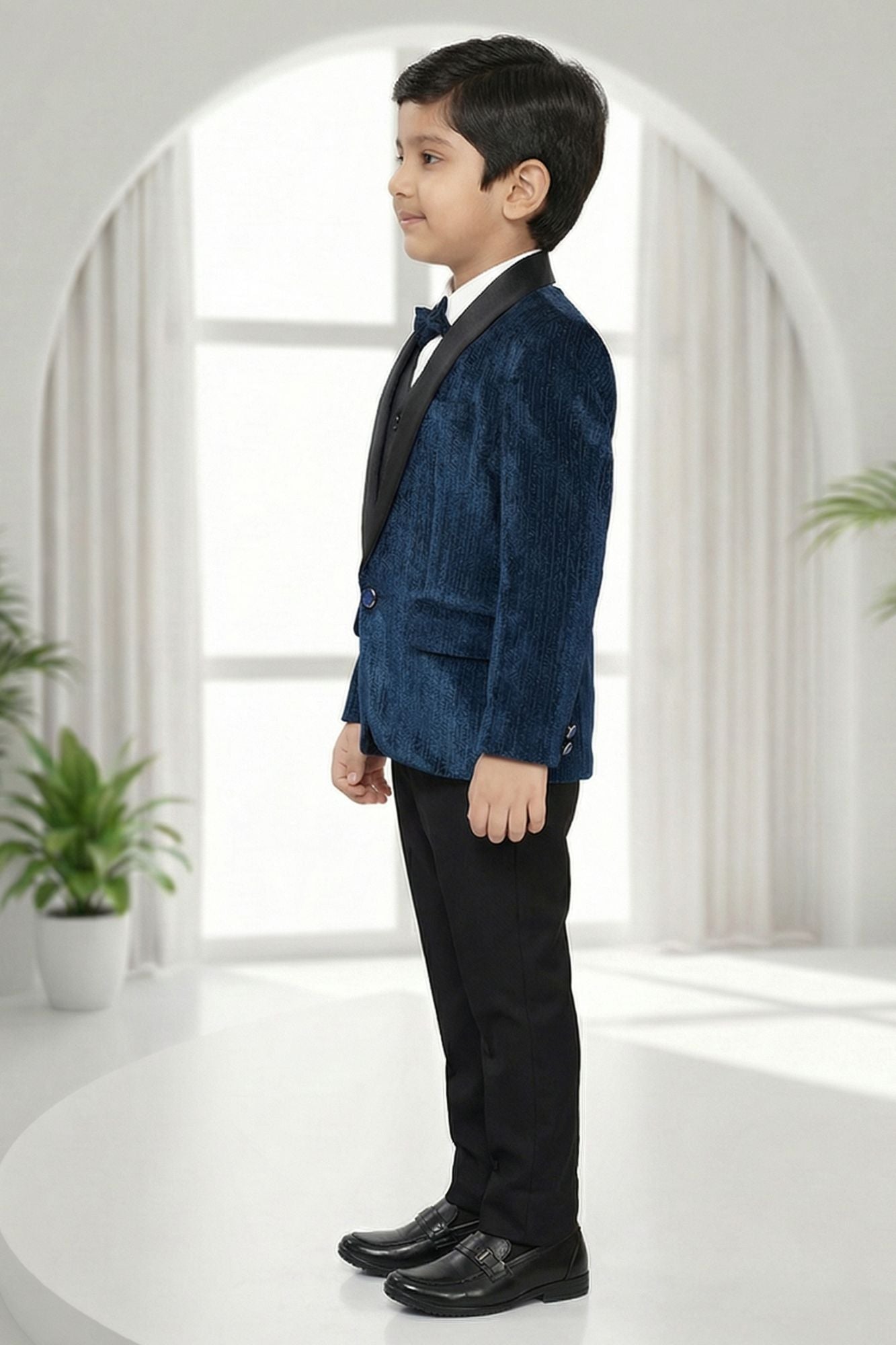 Premium Boys Navy Blue Tuxedo Suit Set with Bow Tie