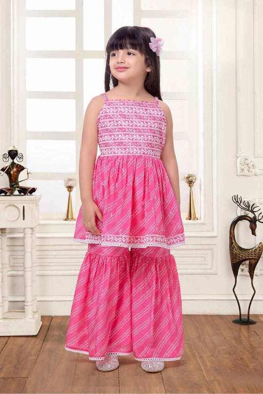 Pink Bandhani Print And Embroidered Top With Sharara Bottom Set For Girls