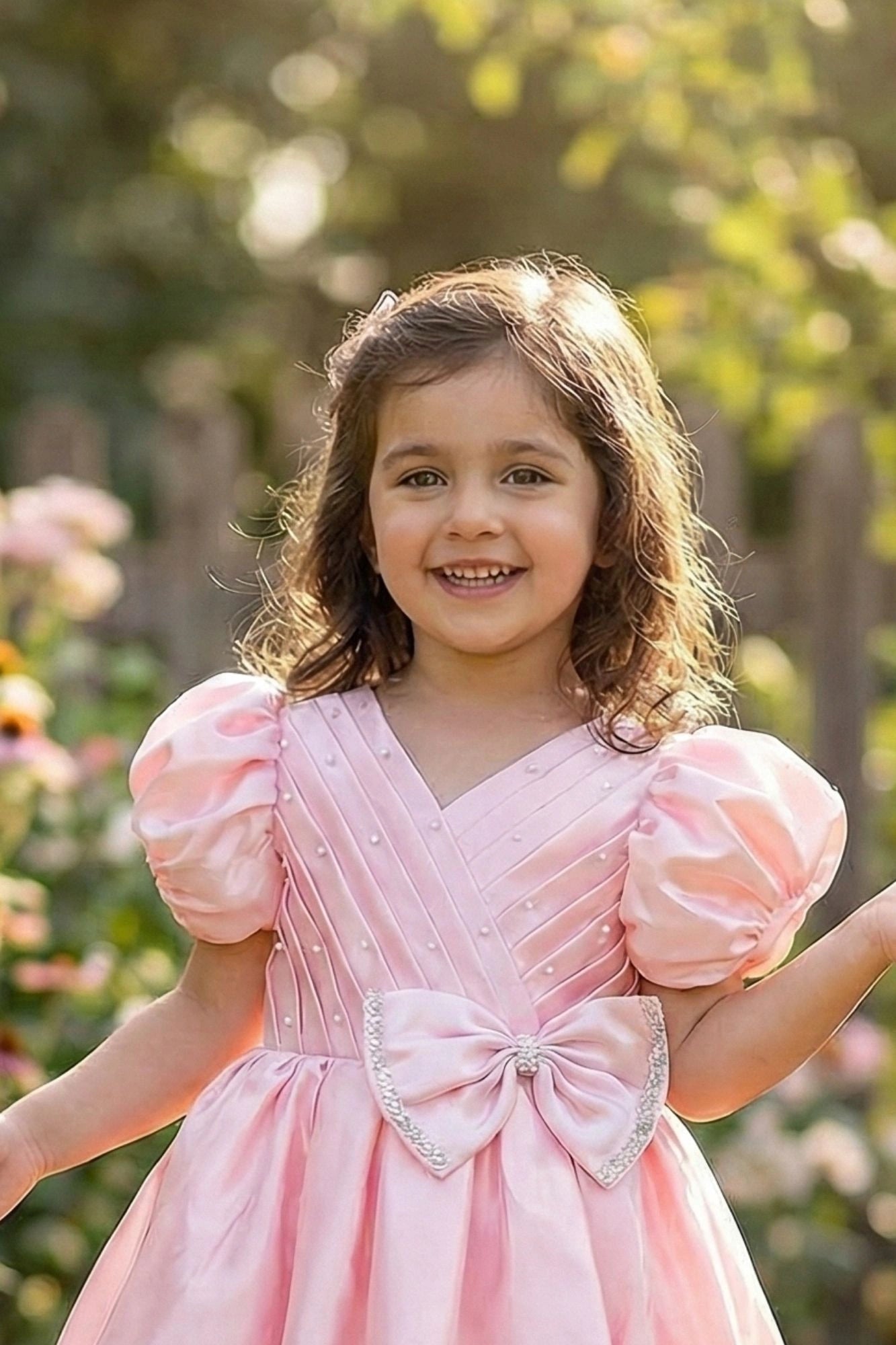 Blush Pink Pleated Satin Party Wear Frock With Puff Sleeves For Girls