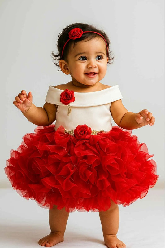 Red Floral Ruffle Party Frock For Girls
