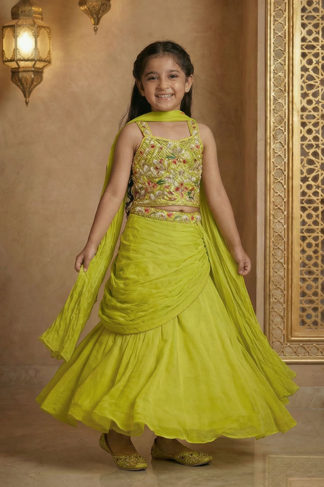 Green Embroidered Lehenga Choli Set For Girls