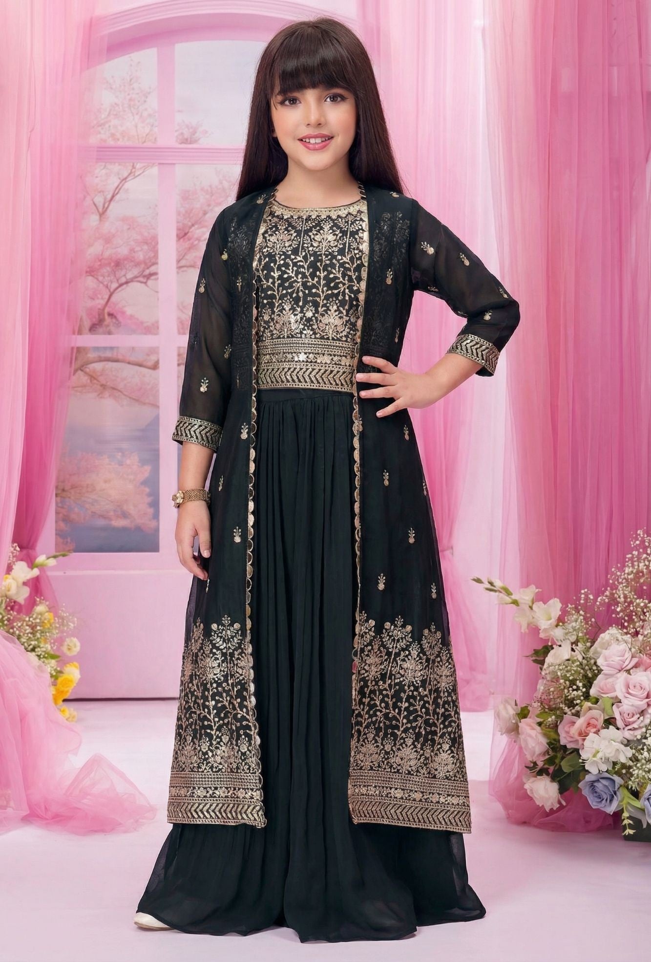Black Embroidered Palazzo Set with Jacket For Girls