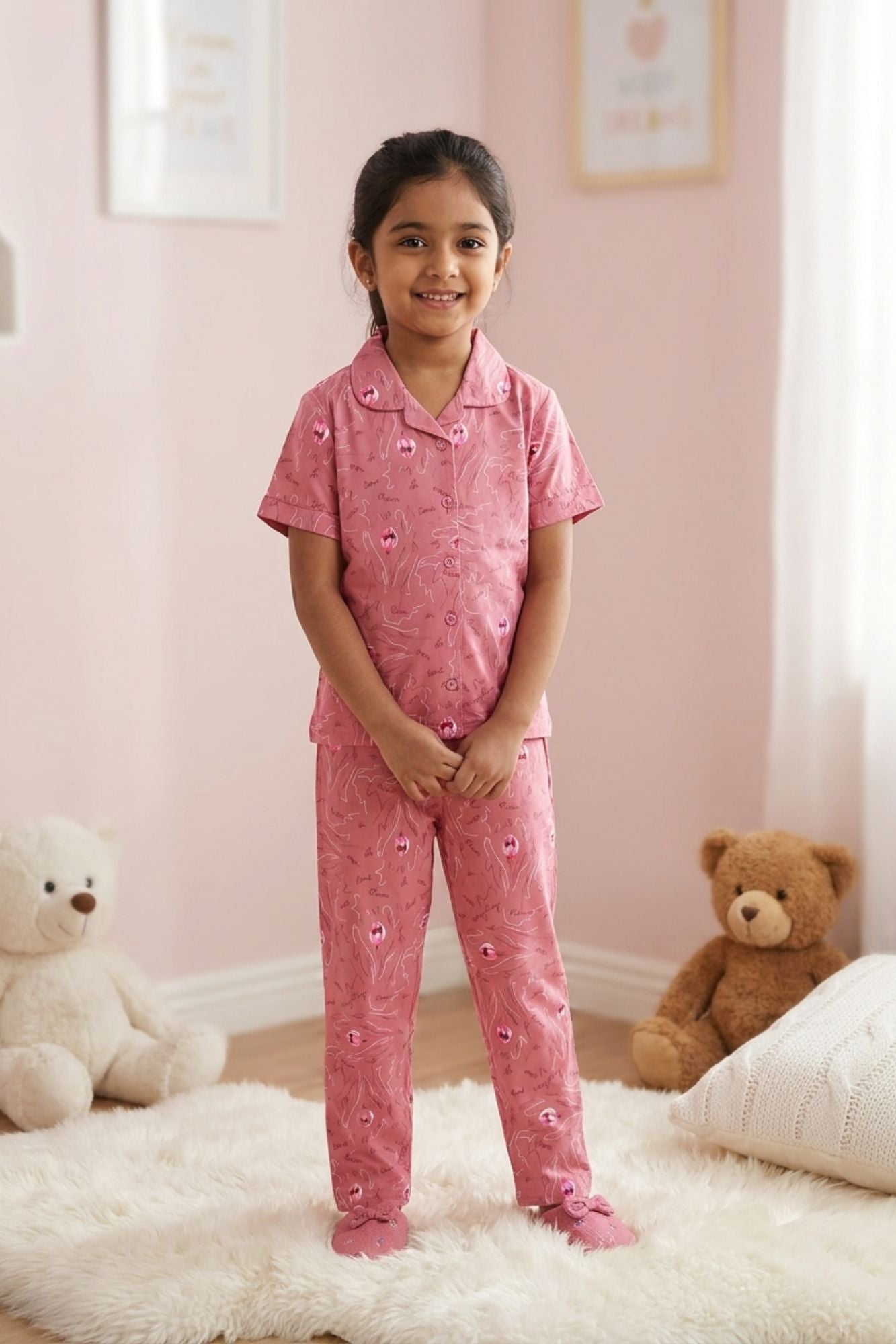 Girls Pink Floral Print Night Suit Set