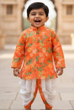 Orange Floral Printed Dhoti Set For Boys