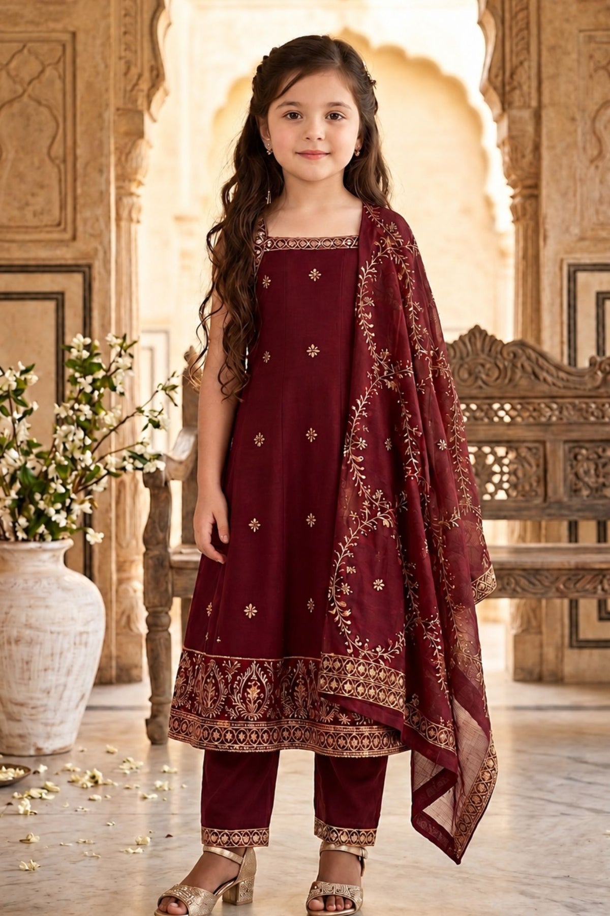 Girls Maroon Embroidered Sleeveless Kurta Set With Dupatta