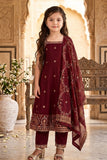 Girls Maroon Embroidered Sleeveless Kurta Set With Dupatta