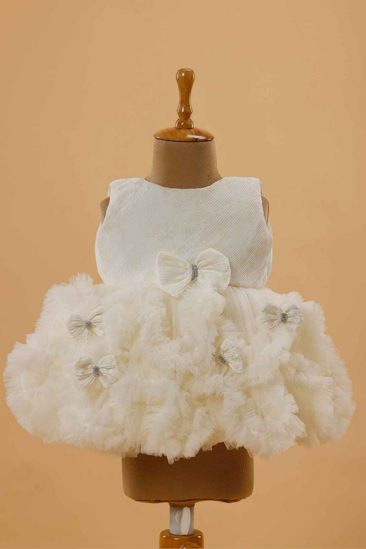 Cream Frock With Ruffled And Bow Embellished For Girls