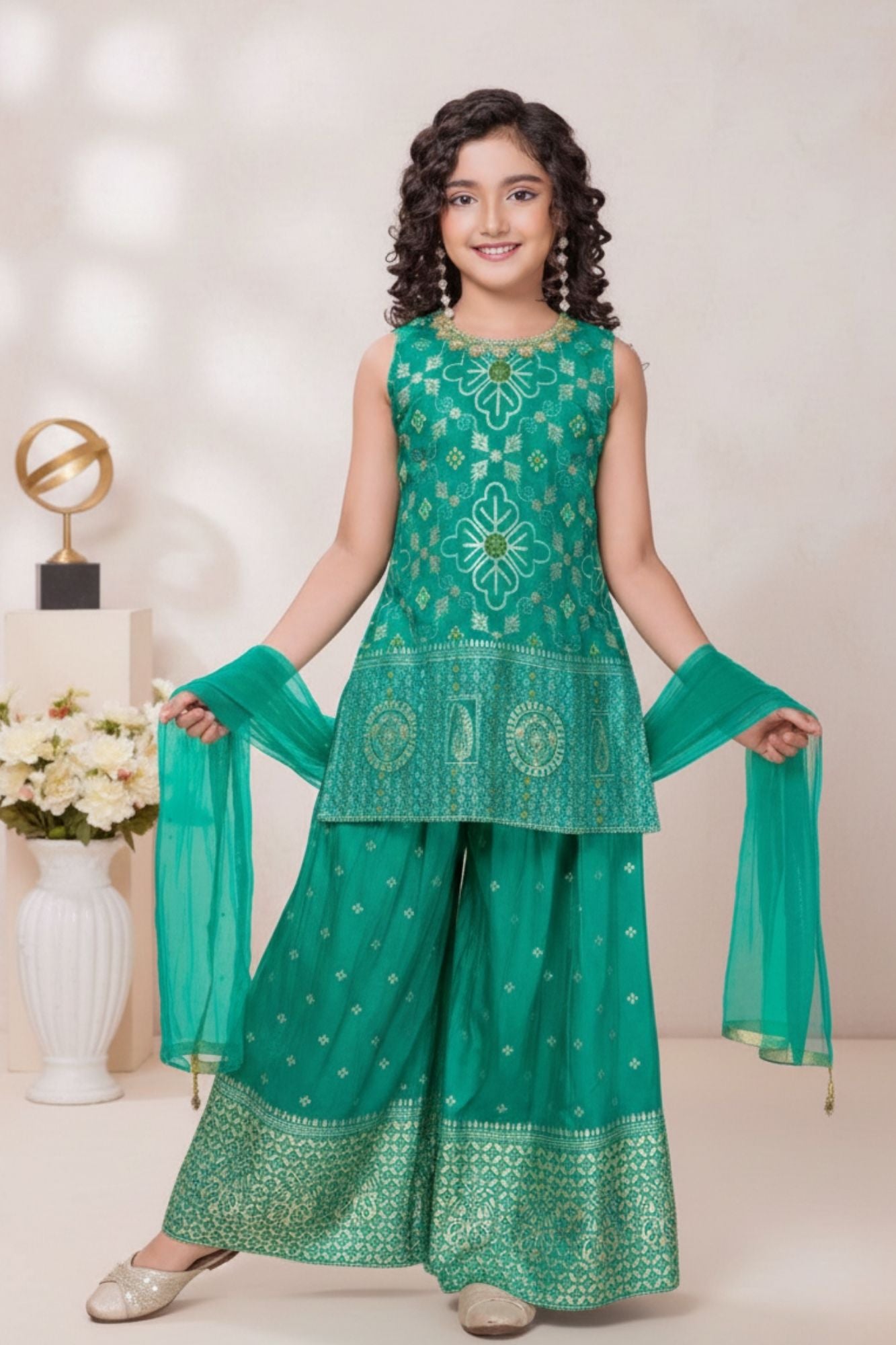 Emerald Green Embroidered Kurti Palazzo Set for Girls