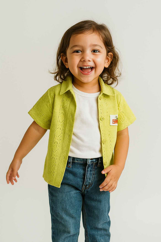 Green Knit Shirt With Attached White Inner Tee For Girls