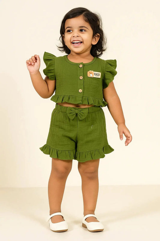 Olive Green Co-ord Set with Ruffle Details for Girls