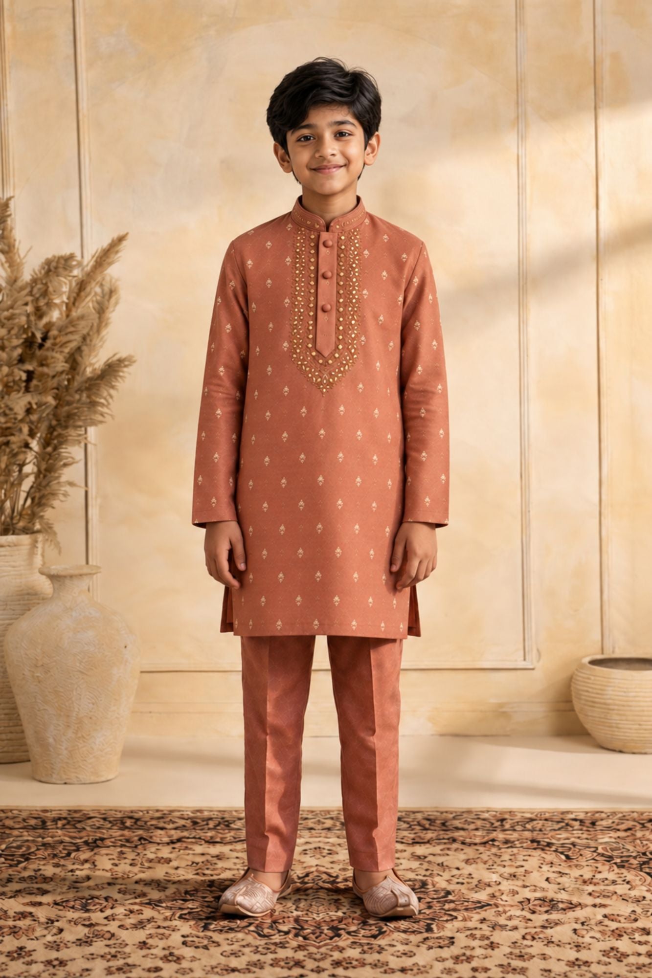 Boys Rust Orange Mirror Embroidered Kurta Pajama Set
