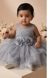 Girls Grey Floral Embellished Net Party Dress
