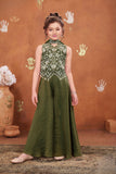 Girls Olive Green Embroidered Palazzo Set With Dupatta