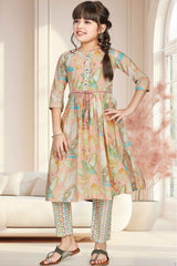 Peach 3/4th Sleeves With Floral Printed And Bead Work Kurta Set For Girls