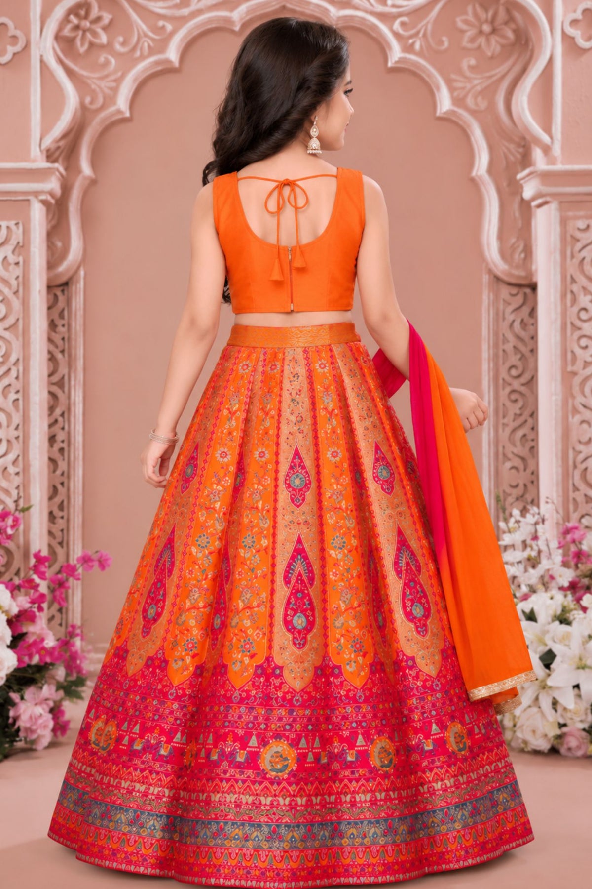 Girls Heavy Embroidered Orange And Pink Lehenga Choli Set With Dupatta