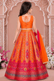Girls Heavy Embroidered Orange And Pink Lehenga Choli Set With Dupatta