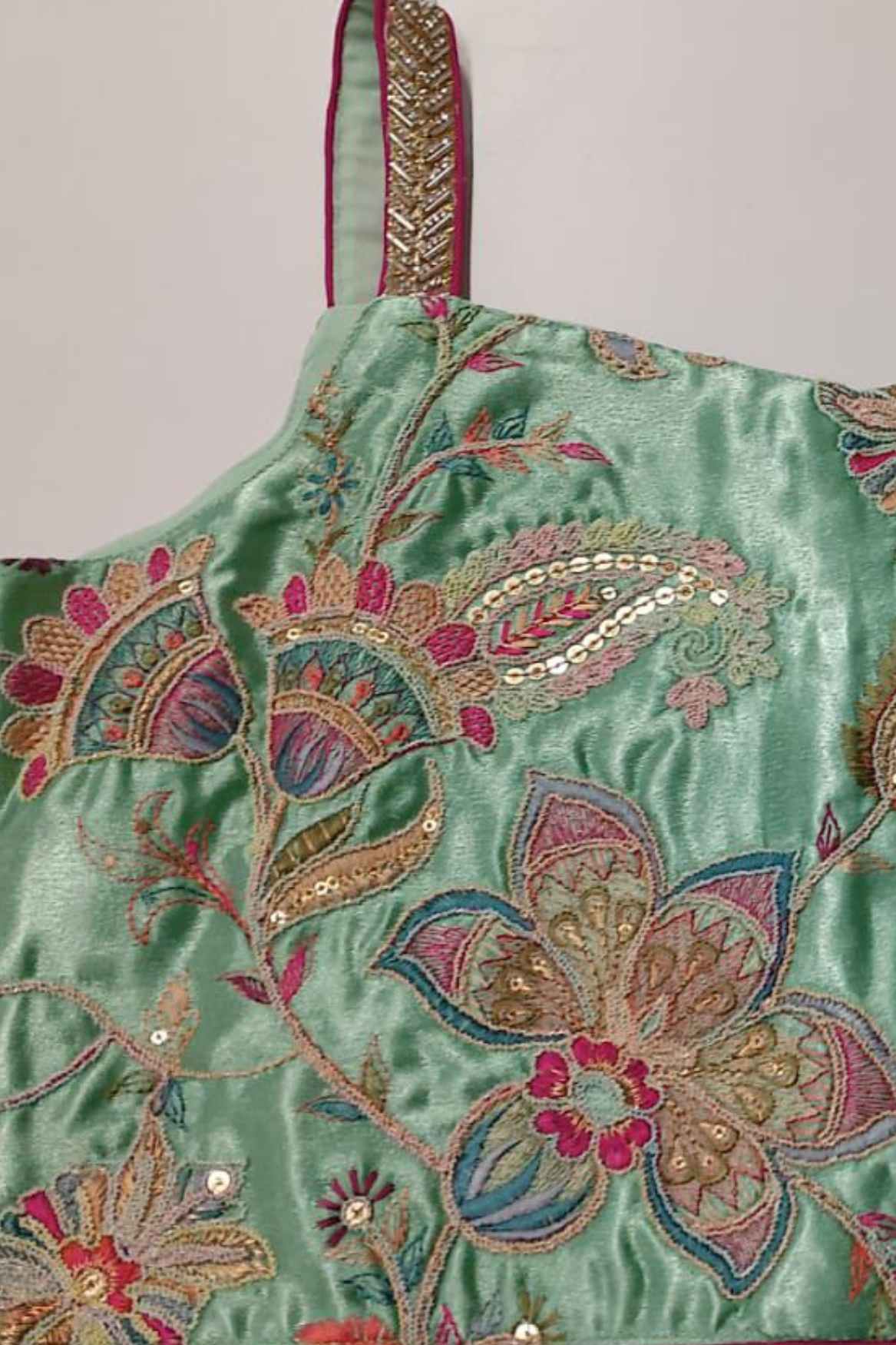 Sea Green Floral Embroidered Lehenga Choli Set For Girls