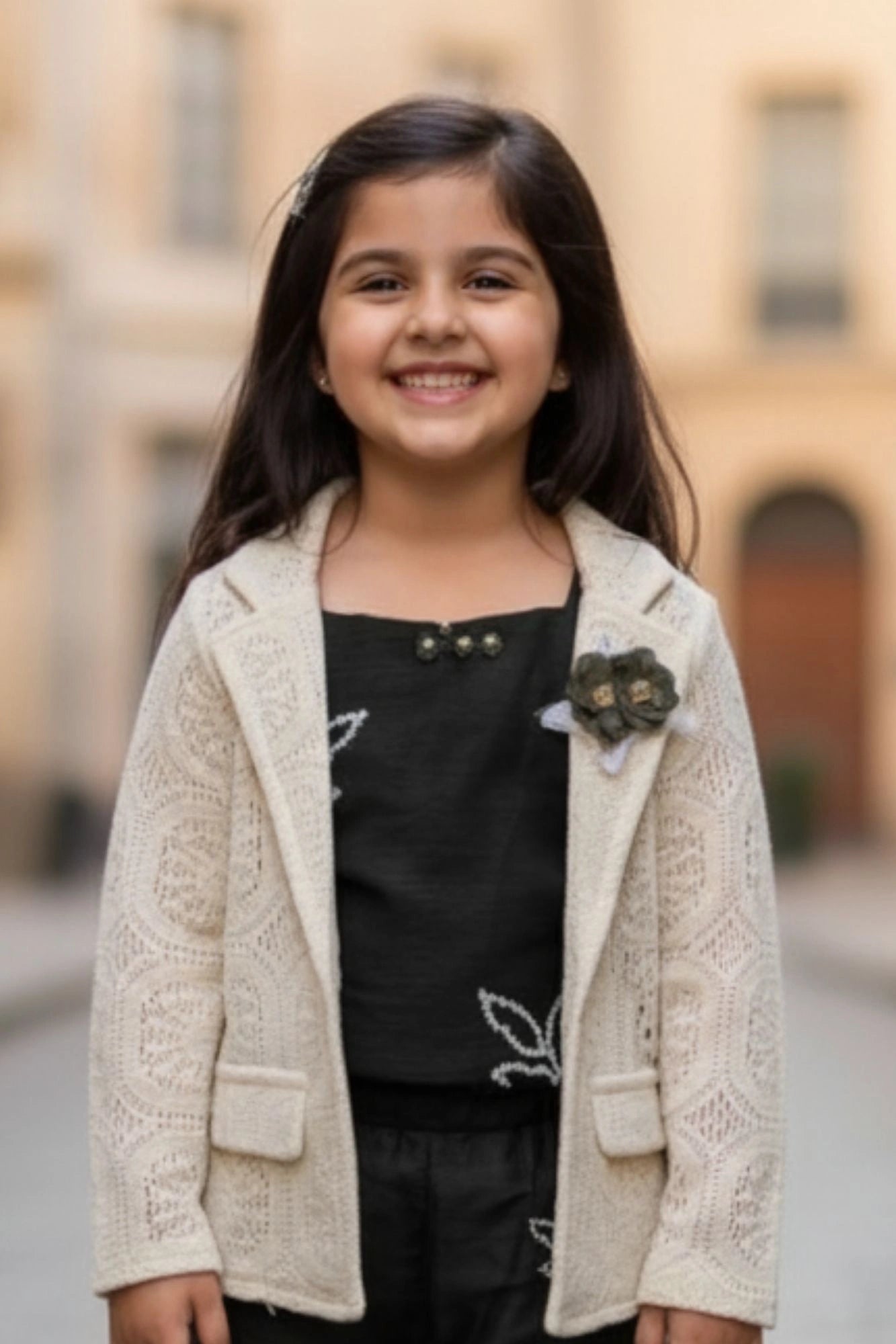 Black Embroidered Co-ord Set With Cream Lace Jacket For Girls