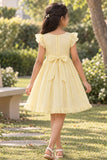 Girls Lemon Yellow Embroidered Ruffle Sleeve Flared Dress