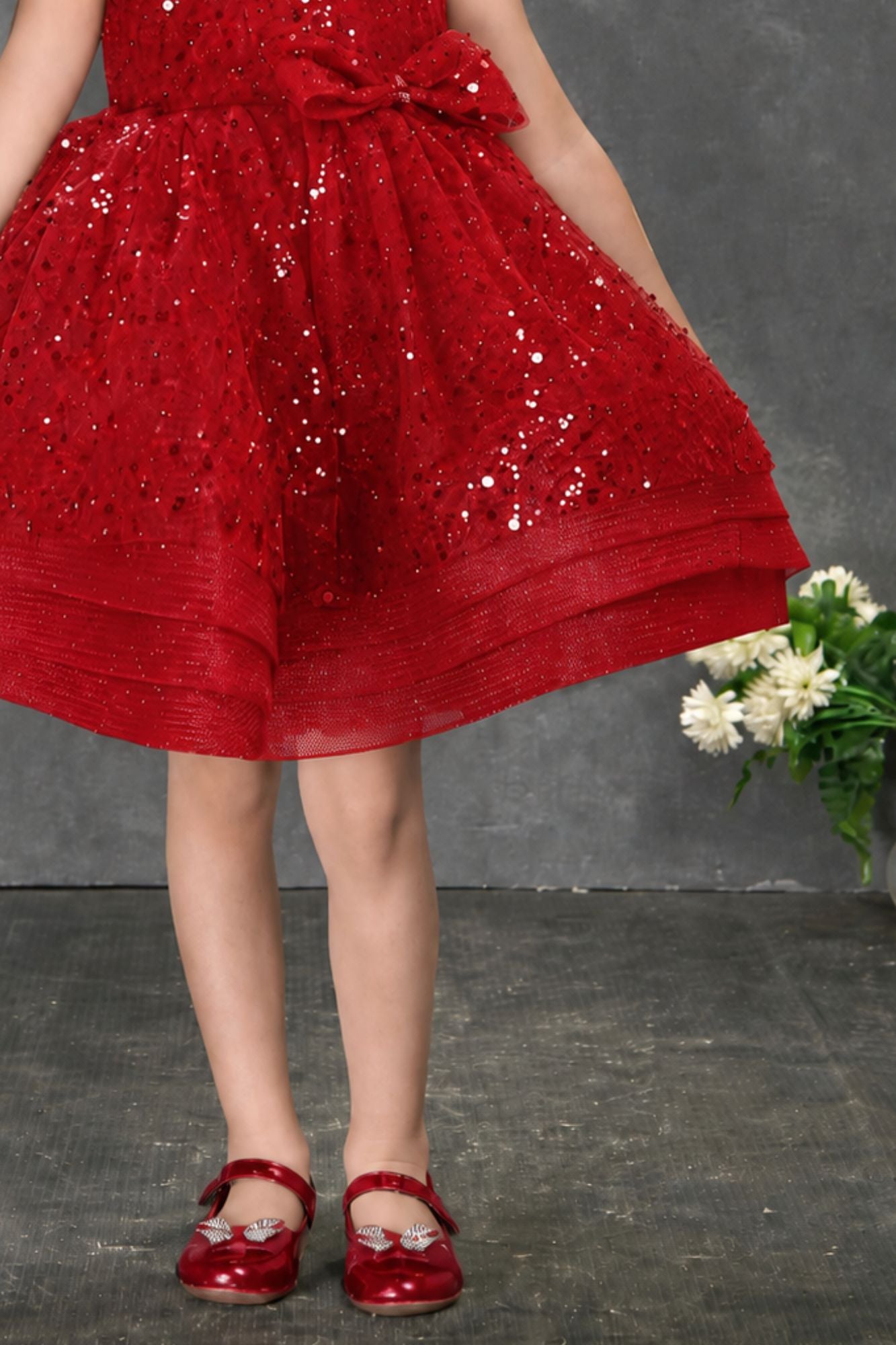 Red Sequin Party Frock With Bow Detail For Girls