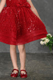 Red Sequin Party Frock With Bow Detail For Girls