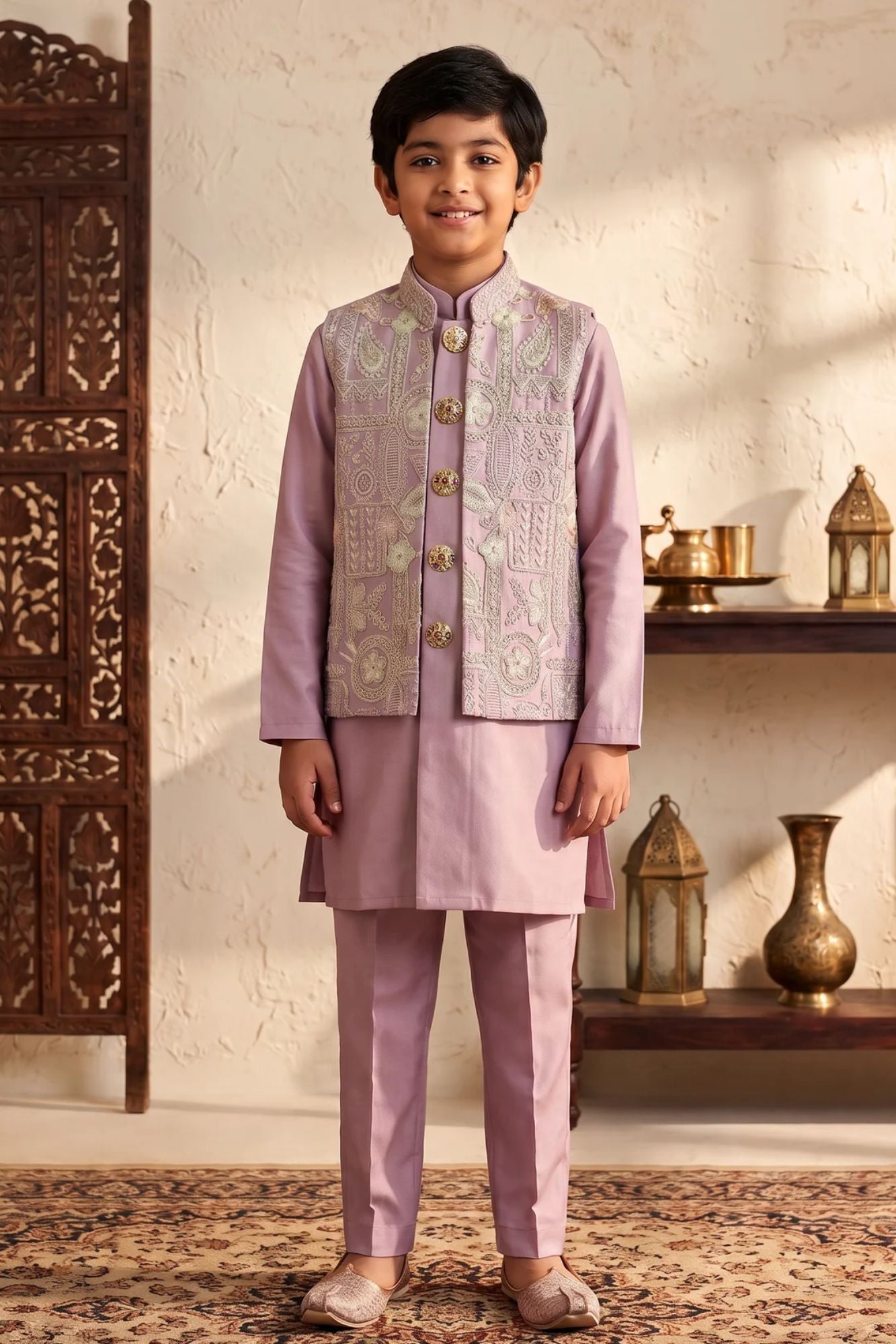 Boys Pink Floral And Paisley Embroidered Kurta Set With Nehru Jacket
