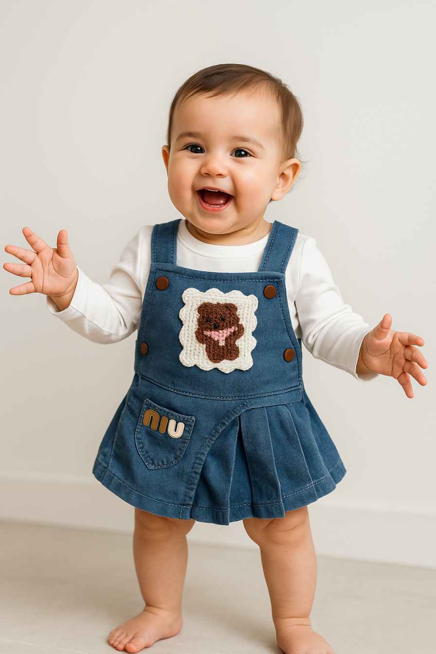 Blue Denim Dungaree With White T-Shirt Set For Girls