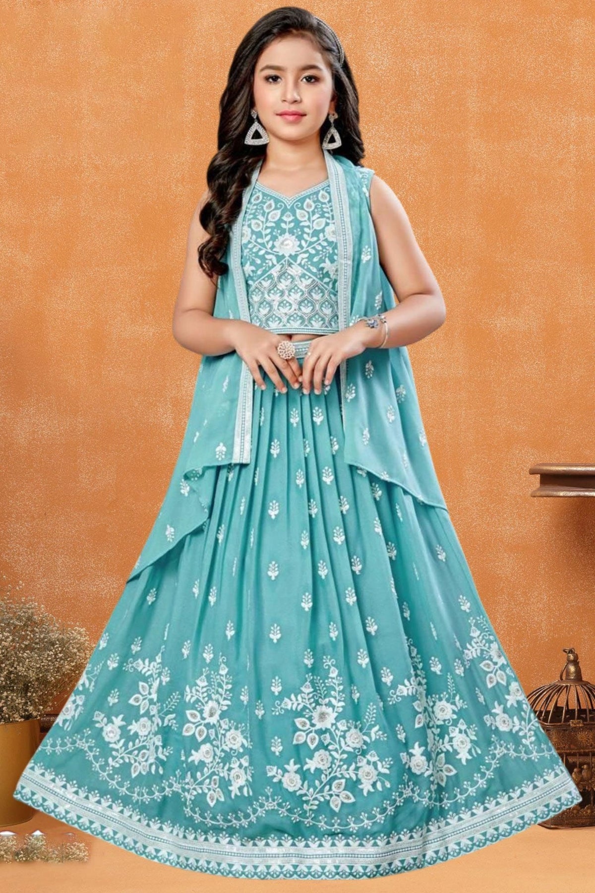 Firozi Embroidered Lehenga Choli with Layered Jacket For Girls