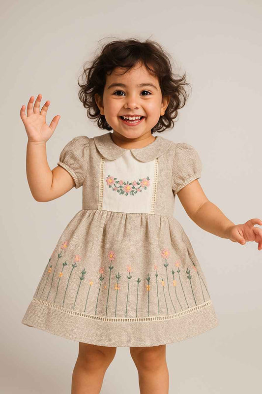 Beige Embroidered Cotton Frock for Girls