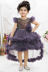 Mauve Frill Sleeves And sequin Embroidery With Floral Embellished Tail Back Frock For Girls