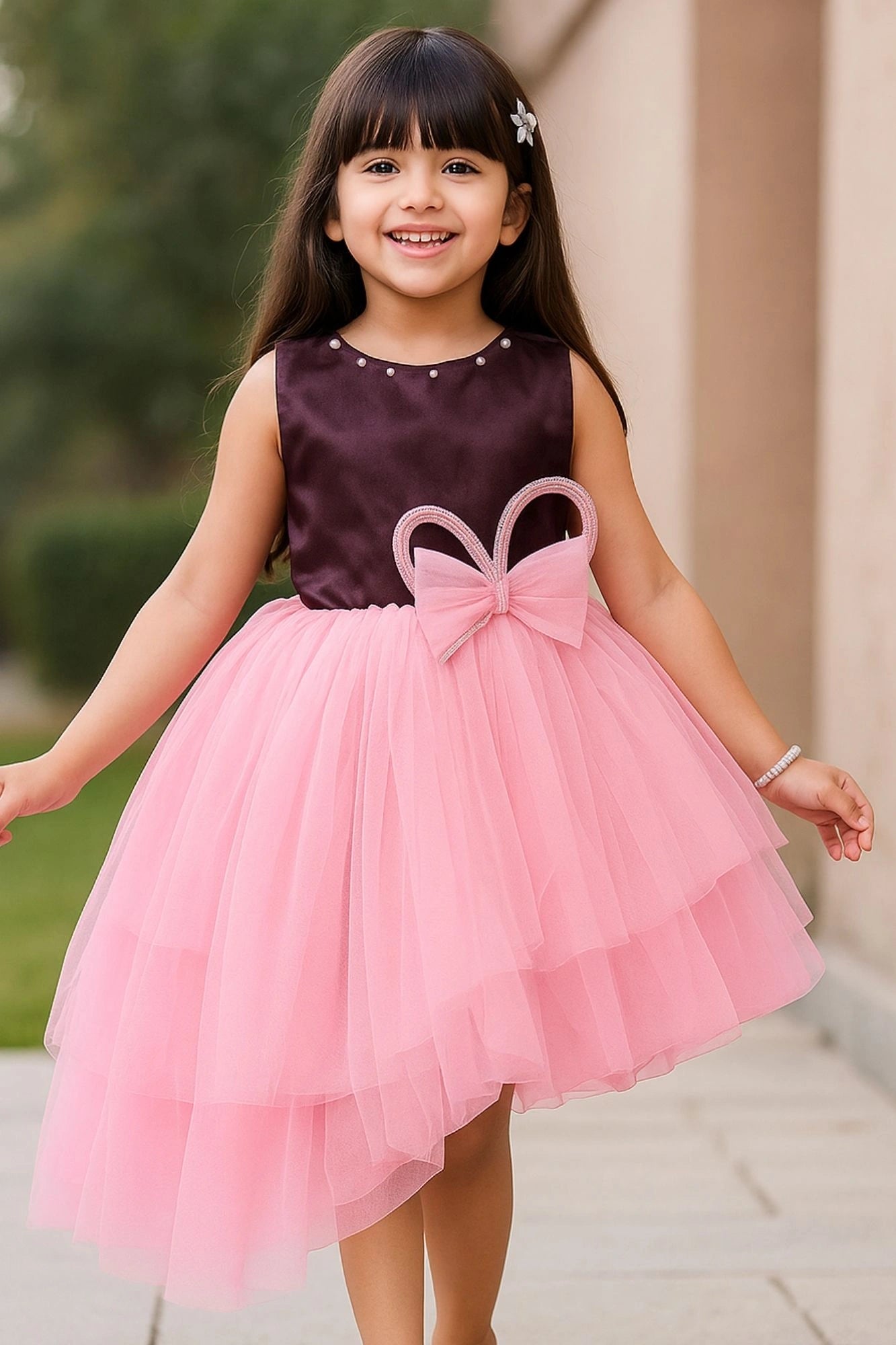 Purple And Pink Party Wear Frock with Layered High-Low Skirt For Girls