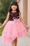 Purple And Pink Party Wear Frock with Layered High-Low Skirt For Girls
