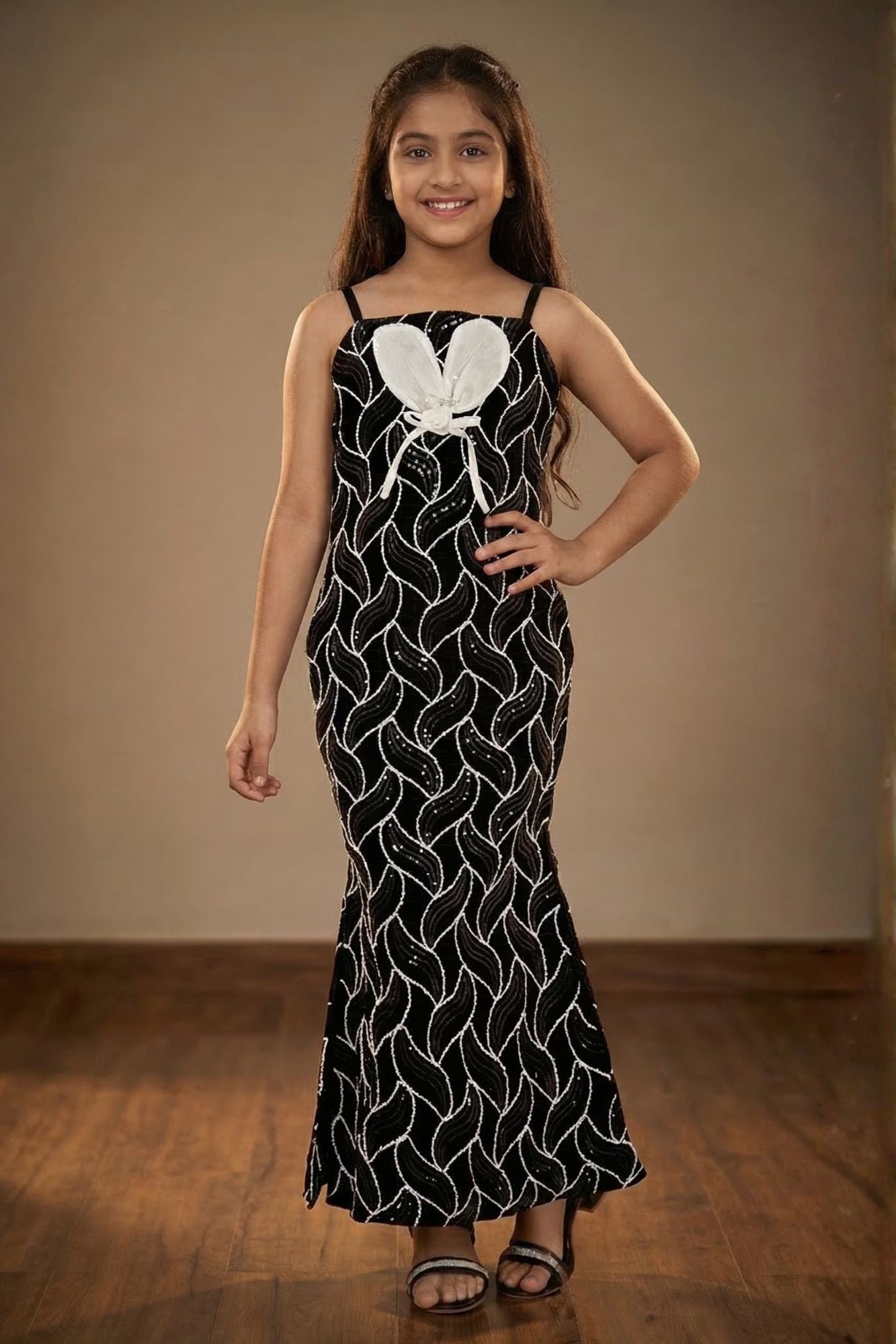 Black and Silver Leaf Sequin Party Wear Gown With 3D Bow Appliqué For Girls