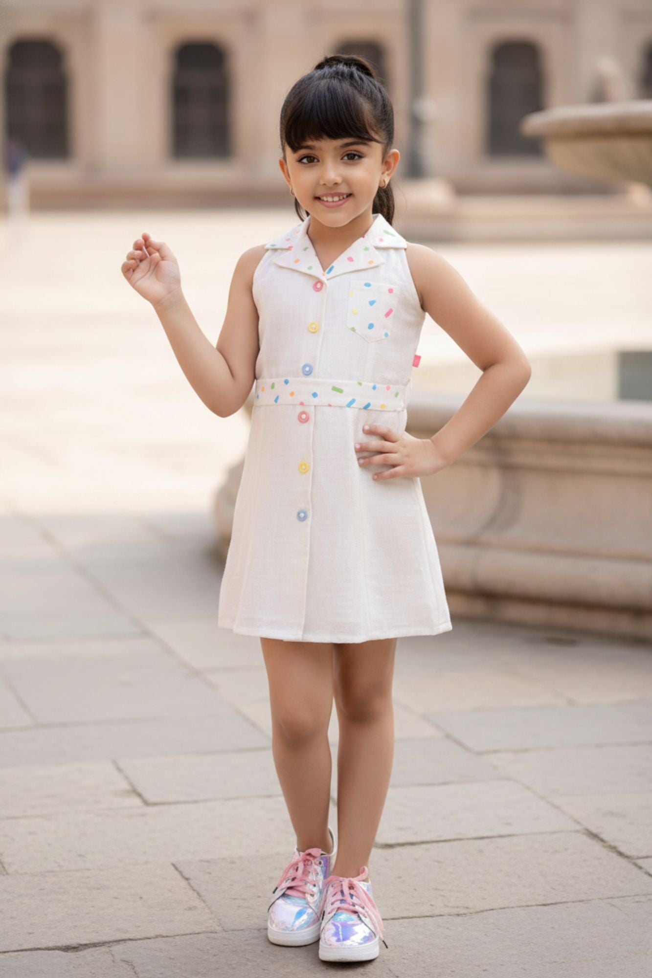 Cream Confetti Button Down Sleeveless Cotton Dress for Girls