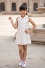 Cream Confetti Button Down Sleeveless Cotton Dress for Girls
