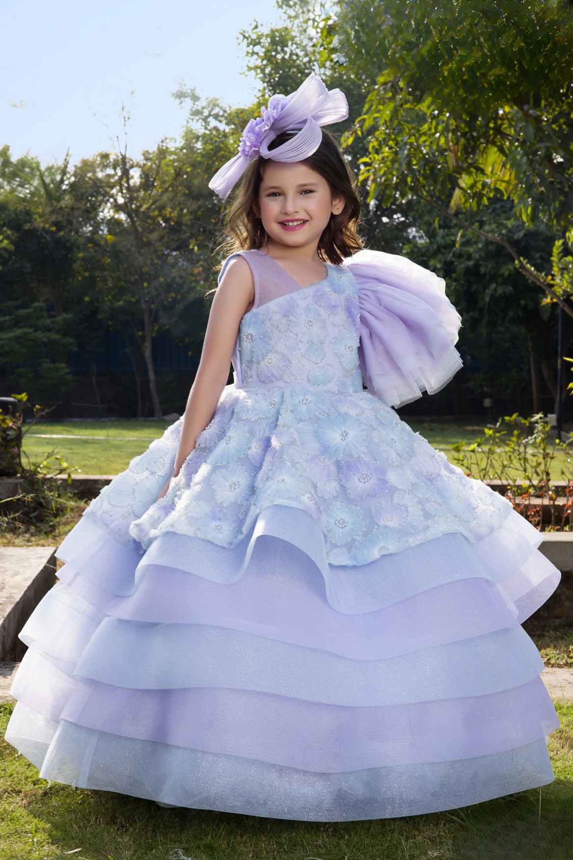 Sky Blue Floral Embellished With Pearl Work Party Wear Gown For Girls