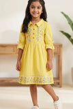 Bright Yellow Floral Embroidered Cotton Dress with Puff Sleeves For Girls